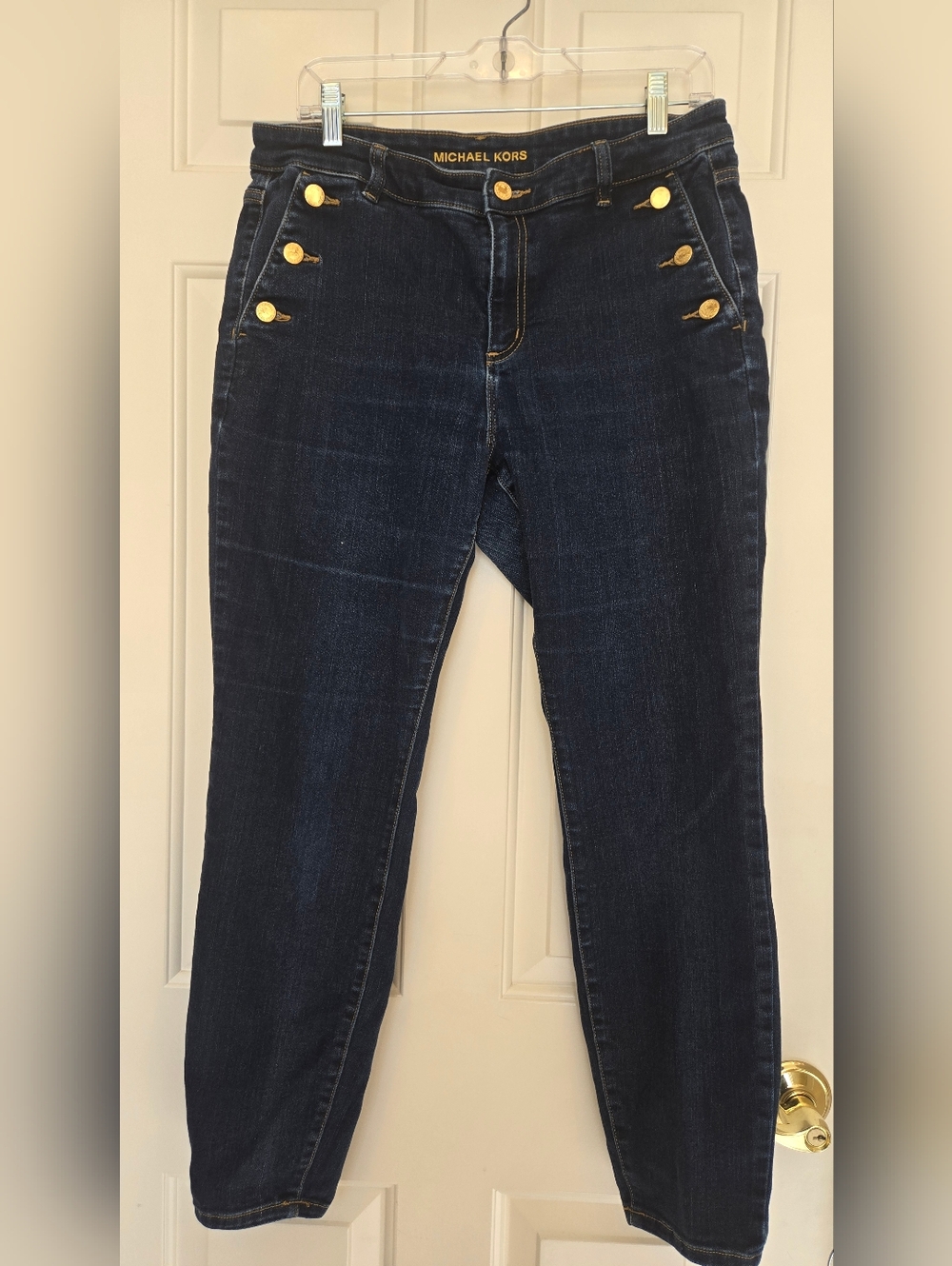 Michael Kors Dark Blue High-Rise Jeans with Gold Buttons